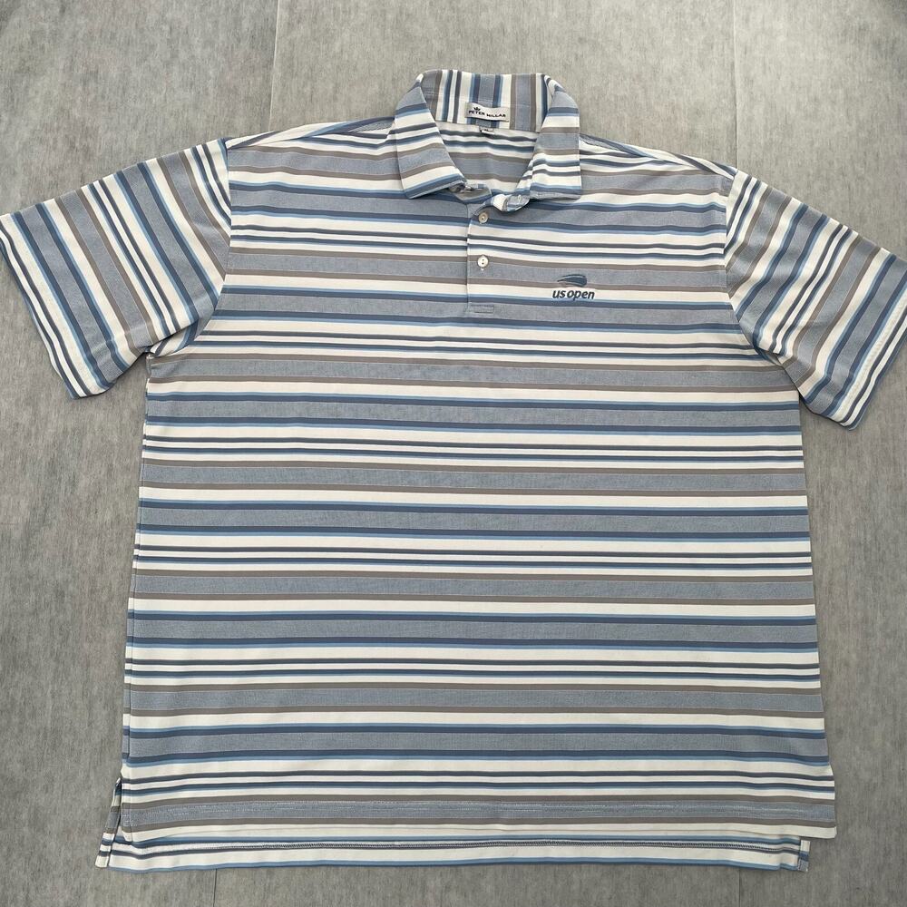 Peter Millar Shirt Adult Extra Large Gray Blue Striped Polo US Open Logo Mens XL